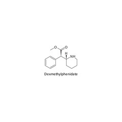 Dexmethylphenidate molecule flat skeletal structure, psychostimulant, amphetamine -  class drug used in ADHD treatment. Vector illustration on white background.