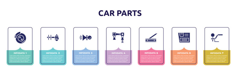 car parts concept infographic design template. included car disc brake, car sump, horn, torsion bar, handbrake, glove compartment, towbar icons and 7 option or steps.