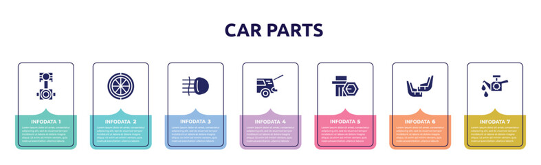 car parts concept infographic design template. included car connecting rod, car spare wheel, fog lamp, taiate, wheel nut, mud flap, oil pump icons and 7 option or steps.