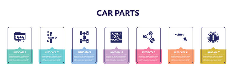 car parts concept infographic design template. included car demister, car transmission, axle, fan, fan belt, wheel brace, brake light icons and 7 option or steps.