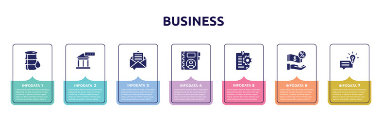 business concept infographic design template. included oil barrel, bank rate, email marketing, contact book, instruction, commission, suggestion icons and 7 option or steps.