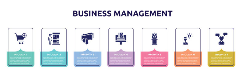 business management concept infographic design template. included add to cart, retailer, devaluation, on, old watch, opinion, consult icons and 7 option or steps.