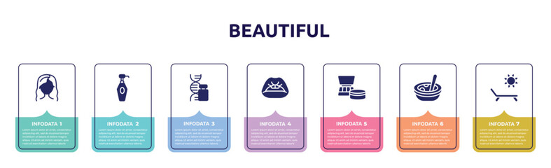 beautiful concept infographic design template. included modern haicut, lotion bottle, gene, women lips, cosmetics products, soup, sun and deck chair icons and 7 option or steps.