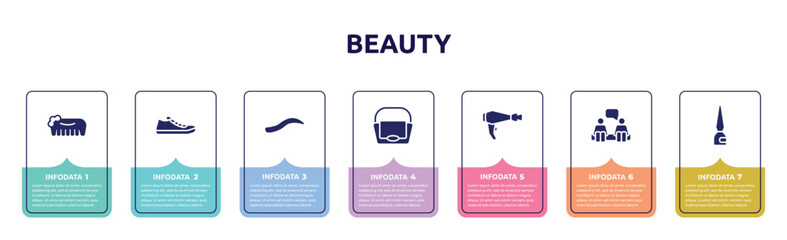 beauty concept infographic design template. included hand comb, pair of sneakers, eyebrow, big hand bag, electric hairdryer, consultation, eye icons and 7 option or steps.