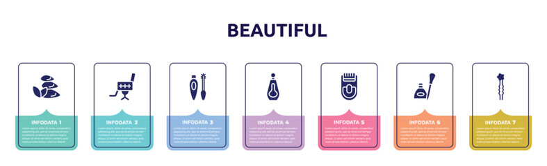 beautiful concept infographic design template. included three stones, beauty salon chair, eyes mascara, big perfume bottle, epilador, eye, two hairpins icons and 7 option or steps.