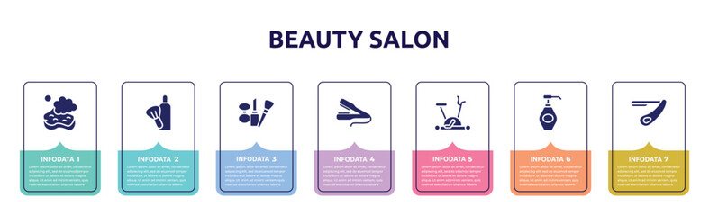 beauty salon concept infographic design template. included bath sponge, after shave, cosmetic tools, flat iron, excersive bike, liquid soap, straight razor icons and 7 option or steps.