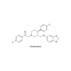 Omiloxetine molecule flat skeletal structure, SSRI - Selective serotonin reuptake inhibitor class drug used in depression treatment. Vector illustration on white background.