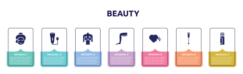 beauty concept infographic design template. included glowing skin, electric razor, mastopexy, thigh, hearts, nail brush, hair spray icons and 7 option or steps.