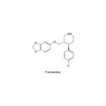 Paroxetine molecule flat skeletal structure, SSRI - Selective serotonin reuptake inhibitor class drug used in depression treatment. Vector illustration on white background.