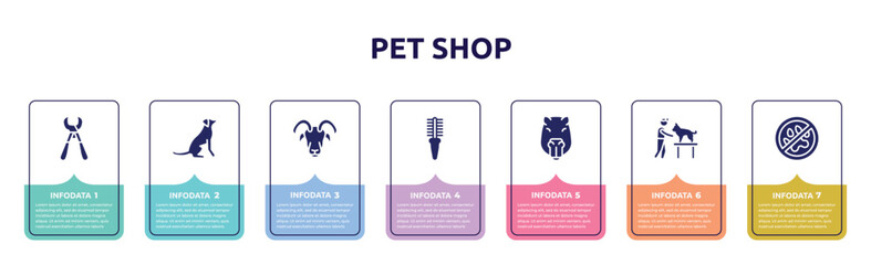 Fototapeta na wymiar pet shop concept infographic design template. included pet trimmer, dog seatting, male sheep head, flea comb, capybara head, dog and veterinarian, no animals icons and 7 option or steps.
