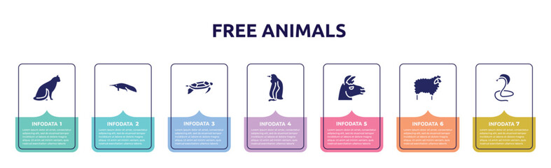 free animals concept infographic design template. included sitting cat, sitting anteater, swimming turtle, sitting penguin, lama head, sheep with wool, poisonous cobra icons and 7 option or steps.
