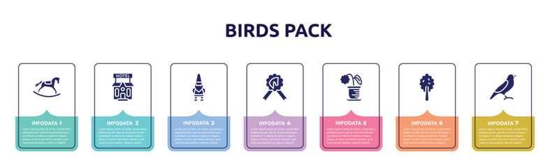 birds pack concept infographic design template. included rocker horse, pets hotel, gnome, horse race recognition ribbon, flower pot, plain tree, bird of black feathers icons and 7 option or steps.