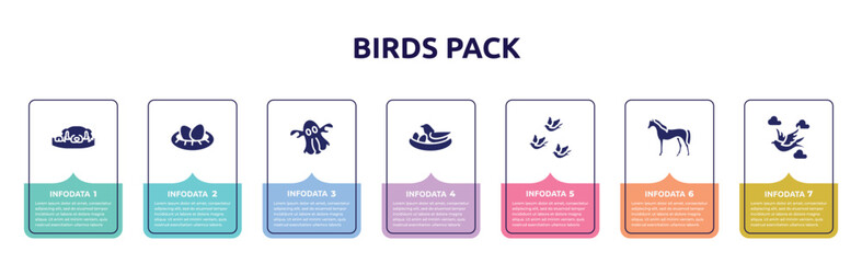 birds pack concept infographic design template. included dog resting, nest with eggs, ghost, bird and egg, birds group, horse standing, bird flying between clouds icons and 7 option or steps.
