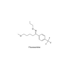 Fluvoxamine molecule flat skeletal structure, SSRI - Selective serotonin reuptake inhibitor class drug used in depression treatment. Vector illustration on white background.