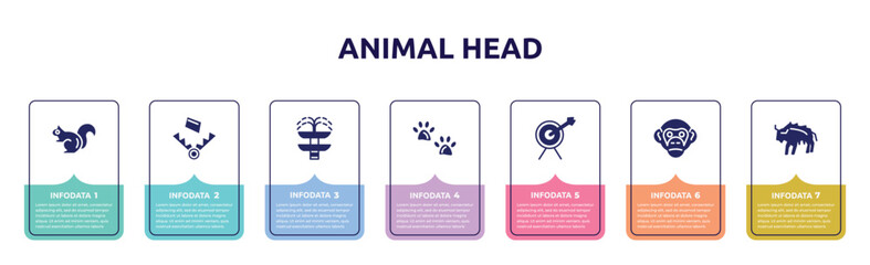 animal head concept infographic design template. included chipmunk, trap, fountain, pawprints, archery, chimpanzee, bison icons and 7 option or steps.