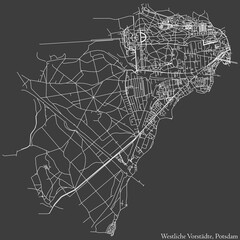 Detailed negative navigation white lines urban street roads map of the WESTLICHE VORSTÄDTE BOROUGH of the German regional capital city of Potsdam, Germany on dark gray background