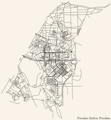 Detailed navigation black lines urban street roads map of the POTSDAM SÜDOST BOROUGH of the German regional capital city of Potsdam, Germany on vintage beige background