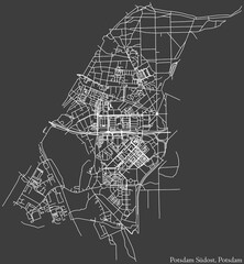 Detailed negative navigation white lines urban street roads map of the POTSDAM SÜDOST BOROUGH of the German regional capital city of Potsdam, Germany on dark gray background