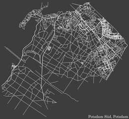 Detailed negative navigation white lines urban street roads map of the POTSDAM SÜD BOROUGH of the German regional capital city of Potsdam, Germany on dark gray background