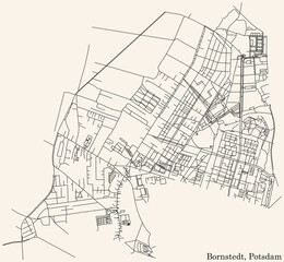 Detailed navigation black lines urban street roads map of the BORNSTEDT DISTRICT of the German regional capital city of Potsdam, Germany on vintage beige background