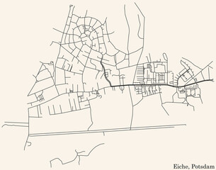 Detailed navigation black lines urban street roads map of the EICHE DISTRICT of the German regional capital city of Potsdam, Germany on vintage beige background