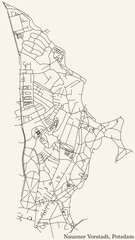 Detailed navigation black lines urban street roads map of the NAUENER VORSTADT DISTRICT of the German regional capital city of Potsdam, Germany on vintage beige background