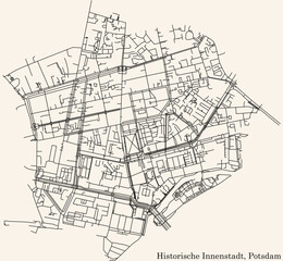 Detailed navigation black lines urban street roads map of the HISTORISCHE INNENSTADT DISTRICT of the German regional capital city of Potsdam, Germany on vintage beige background