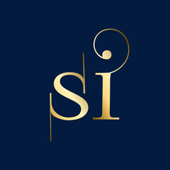 SI monogram logo. Gold letter i, letter s icon. Alphabet initials isolated on dark fund. Lowercase lettering sign. Decorative design, calligraphic style characters. Elegant serif typography.	