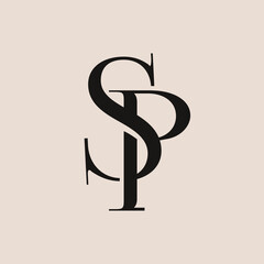 SP monogram logo. Intertwined letter p, letter s icon. Alphabet initials isolated on light fund. Uppercase lettering sign. Decorative design, calligraphic style characters. Elegant serif typography.	