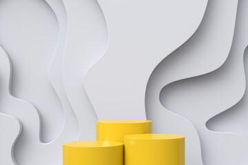 Banners cut from paper. Three yellow cylinders stand on a white background. Illustration for advertising. 3D rendering.