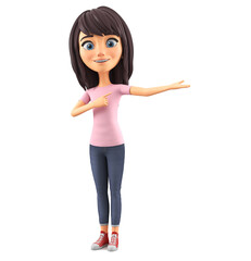 Girl cartoon character in a pink t-shirt isolated on a white background points to an empty hand. 3d rendering illustration.