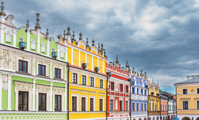 Fototapeta premium Armenian tenement houses on the market square in Zamość. Beautiful colorful buildings. Renaissance architecture. Zamość, Poland