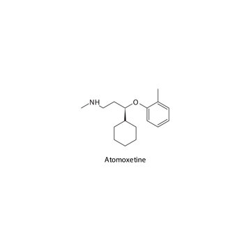 Atomoxetine molecule flat skeletal structure, SNRI - Serotonin norepinephrine reuptake inhibitor class drug used in ADHD treatment. Vector illustration on white background.