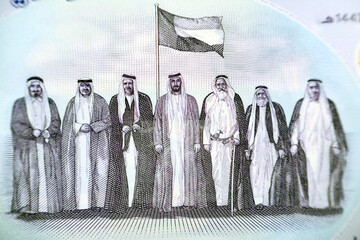 The seven founding fathers of UAE United Arab Emirates with flag after signing the union document...