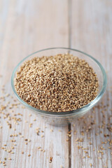 Sesame seeds in a small glass bowl