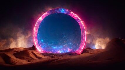 Magical portal, fantastic teleport to an alien planet, an entrance to parallel world glowing plasma octane render, photorealistic. Magical portal, a fantastic teleport to an alien planet. 3D artwork - obrazy, fototapety, plakaty