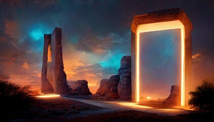 Colorful magic, an arch or portal on the background of a starry nema, a portal in a rock, a desert.3d artwork