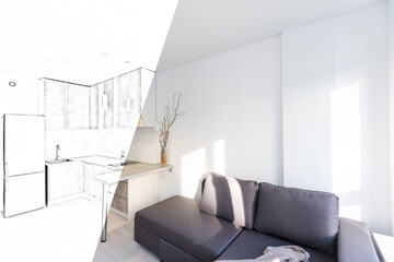 Before and after renovation modern office interior sketch. Repairs concept.