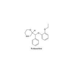 Reboxetine molecule flat skeletal structure, Selective NRI - Selective norepinephrine reuptake inhibitor class drug used in depression, ADHD, panic disorder treatment. Vector illustration