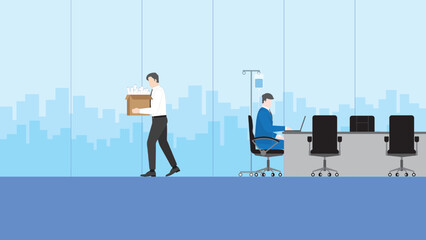 Fototapeta premium Fired and losing a job, unemployment, economic financial crisis, jobless, lay off concept. An employee holds a box leaving a office meeting room. Sick boss working by saline solution medical drip bag.