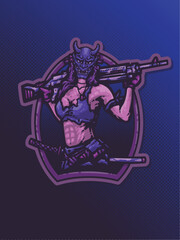 Beautiful Hanya Mask Warrior with Gun and Katana Sword Squad Esport Vector Mascot Logo Illustration