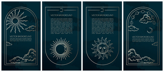 Set of golden celestial mysterious vector illustrations for stories templates, mobile app, landing page, web design, posters. Occult magic background for astrology, fortune telling, tarot concept.  - obrazy, fototapety, plakaty