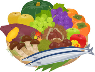 秋の味覚盛り合わせ_ベクターイラスト