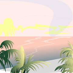 Fototapeta na wymiar Pink landscape with palm trees and sun