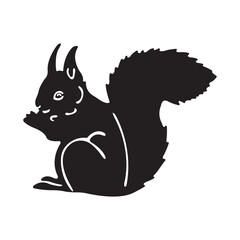 Silhouette of a squirrel in black drawn in a flat style. Design suitable for animal logos, tattoos, decor, zoos, pet stores, stencil, badges, t-shirt printing. Isolated vector