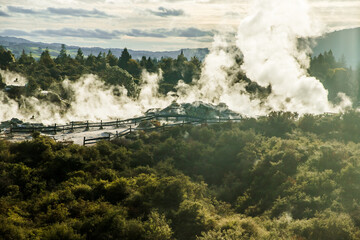 geothermal volcanic park with geysers and hot streams, scenic landscape, te piua national park,...