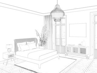 A sketch of the bedroom with a blank horizontal poster above a curbstone with rattan doors, a lamp on a nightstand next to a bed with a wicker headboard, and large spikelets near a door. 3d render