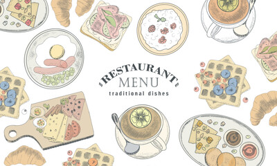 Restaurant dishes, cafe menu. Vintage sketch-style background