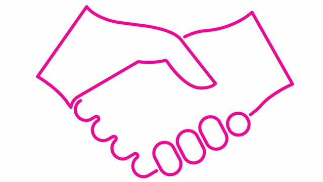 Animated pink handshake icon. Concept of deal, agreement, partnership. Vector linear illustration isolated on the white background.