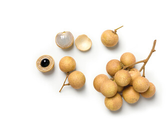 Flat lay of Fresh natural Longan fruits isolated on white background. Clipping path.